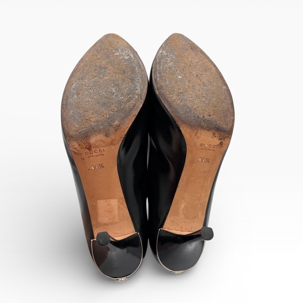 Gucci‎ Interlocking GG Logo Sz 38.5 Classic Black Patent Leather Stiletto Heels - Picture 6 of 9